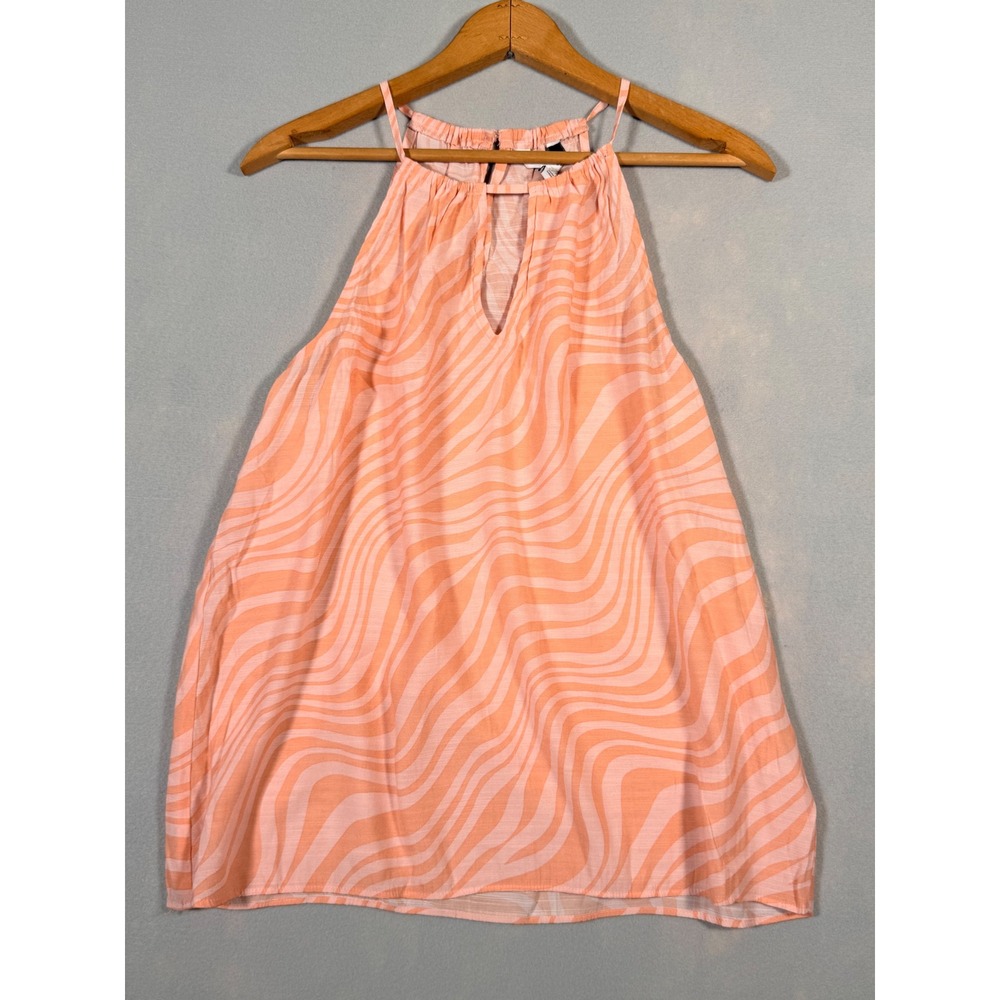 Nine West Womens Halter Top Peach Pink Swirl Marble‎ Print Keyhole Blouse Size M